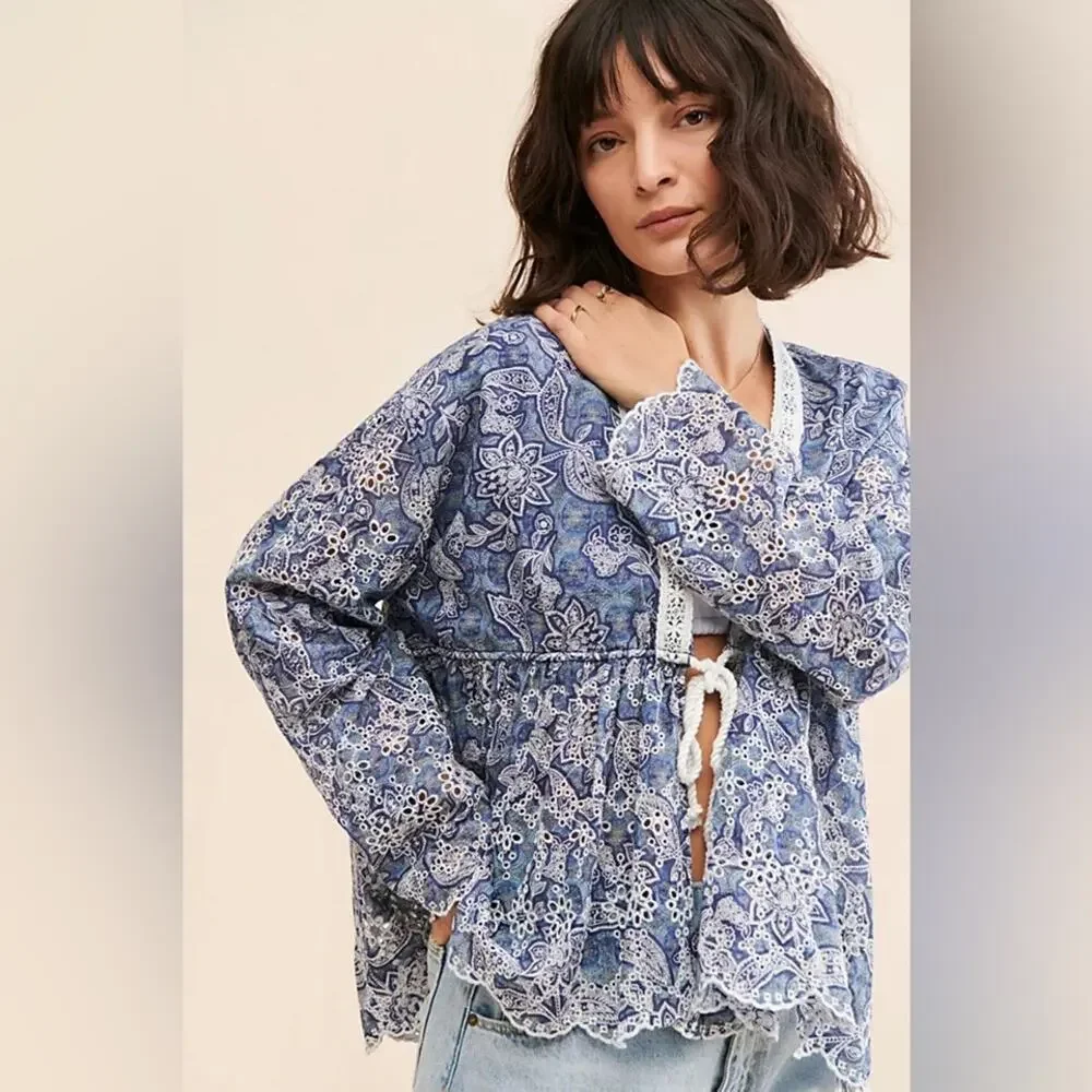 Free People Anissa Bed Jacket Eyelet Lace Tie Front Blue Combo Size S Beach Boho